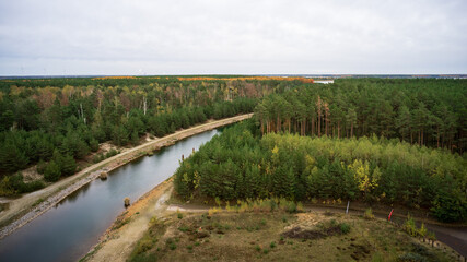 Bird's eye view on Sedlitzer See and Sornoer Canal. The surroundings of Senftenberg. Germany. Federal state of Brandenburg.