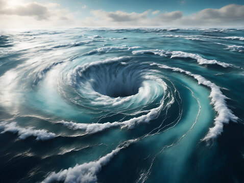 Drone view of a whirlpool in the ocean - Generative AI