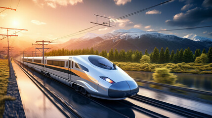 A high-speed bullet train zooming through a scenic landscape representing the fusion of technology and efficient transportation.