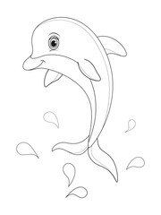 Coloring page with dolphin. Monochrome vector children's illustration.