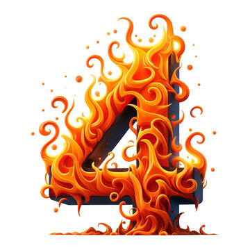 4 - number from fire with cartoon style on transparent background