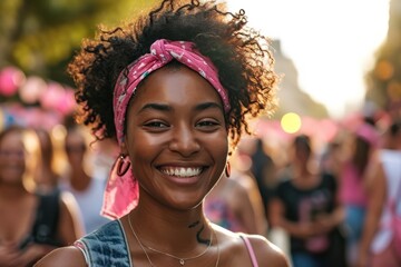 A joyful woman surrounded by friends raising funds at a breast cancer fundraising walk
