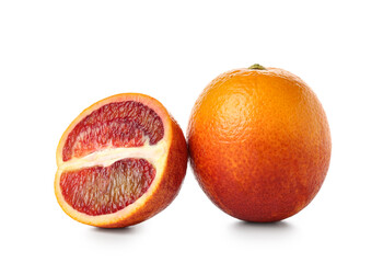 Tasty half and whole blood orange fruit on white background
