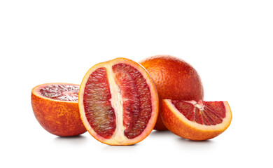 Tasty cut and whole blood orange fruit on white background