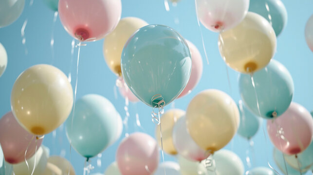 Ballons de baudruche de couleurs pastel. Espace vide de composition. Ambiance festive, anniversaire, c&eacute;l&eacute;bration. Pour conception et cr&eacute;ation graphique.