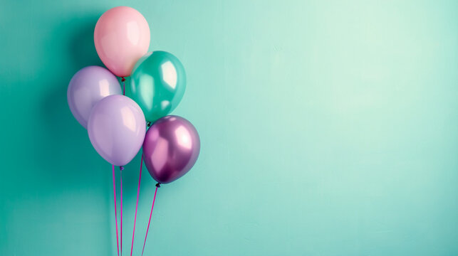Ballons de baudruche de couleurs pastel. Espace vide de composition. Ambiance festive, anniversaire, c&eacute;l&eacute;bration. Pour conception et cr&eacute;ation graphique.