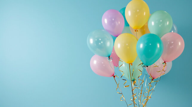Ballons de baudruche de couleurs pastel. Espace vide de composition. Ambiance festive, anniversaire, c&eacute;l&eacute;bration. Pour conception et cr&eacute;ation graphique.