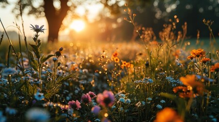 A peaceful spring meadow with blooming wildflowers and a gentle sunrise, symbolizing new beginnings