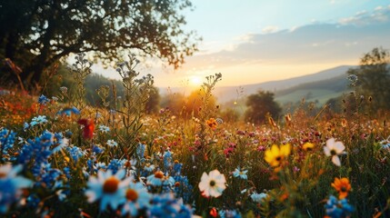A peaceful spring meadow with blooming wildflowers and a gentle sunrise, symbolizing new beginnings