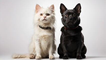 Black Cat and Dog Standing in Front of White Background, Studio Shot