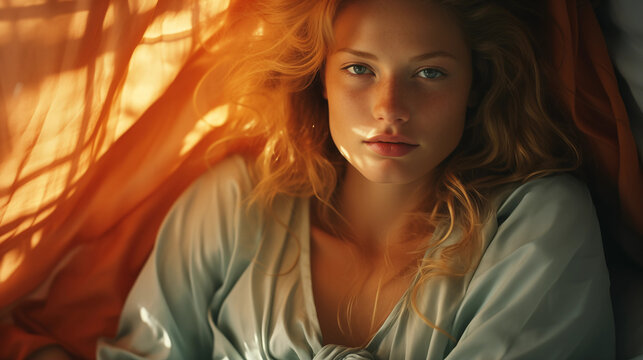 Retrato fotográfico amateur de una mujer joven  rubia de ojos claros de unos años 30 en un dormitorio, inexpresiva, con rayos de sol, 