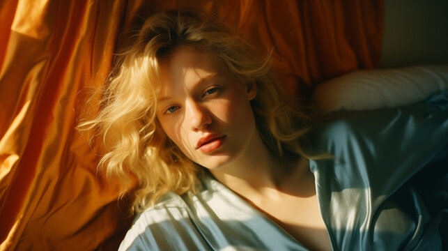 Retrato fotográfico amateur de una mujer joven  rubia de ojos claros de unos años 30 en un dormitorio, inexpresiva, con rayos de sol, 