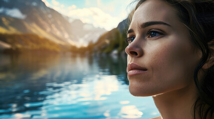 woman with a peaceful expression near a tranquil lake, mountain background generative ai