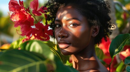 woman with sun-kissed skin among tropical flowers generative ai