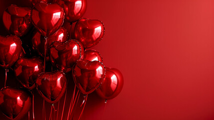 Ballons de baudruche de couleurs rouge, sur fond rouge. Espace vide de composition. Ambiance romantique, anniversaire, Saint-Valentin, amour. Pour conception et création graphique. - obrazy, fototapety, plakaty