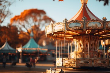 Colorful amusement park. Merry go round, circus and funfair carousels. Fantasy playground entertainment concept - obrazy, fototapety, plakaty