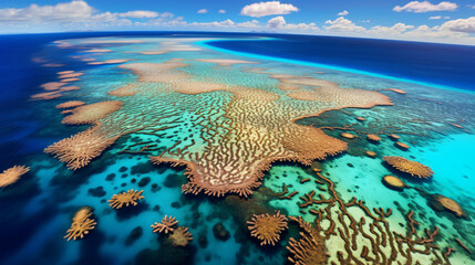 An aerial photograph of the Great Barrier Reef showcasing the vibrant coral formations and marine life. - obrazy, fototapety, plakaty