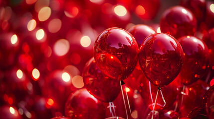 Ballons de baudruche de couleurs rouge, sur fond rouge. Espace vide de composition. Ambiance romantique, anniversaire, Saint-Valentin, amour. Pour conception et création graphique.