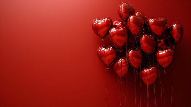 Ballons de baudruche de couleurs rouge, sur fond rouge. Espace vide de composition. Ambiance romantique, anniversaire, Saint-Valentin, amour. Pour conception et cr&eacute;ation graphique.