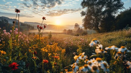 A peaceful spring meadow with blooming wildflowers and a gentle sunrise, symbolizing new beginnings - obrazy, fototapety, plakaty