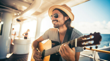 Man enjoying music playing guitar on a yachts deck with the ocean in the background
