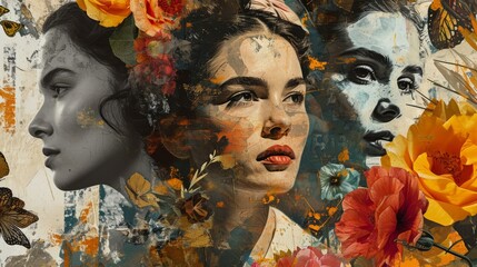 An artistic collage featuring influential women from history, blending portraits and significant symbols