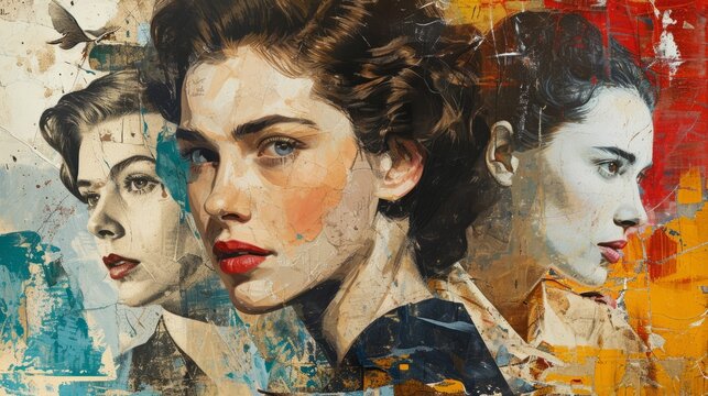 An artistic collage featuring influential women from history, blending portraits and significant symbols