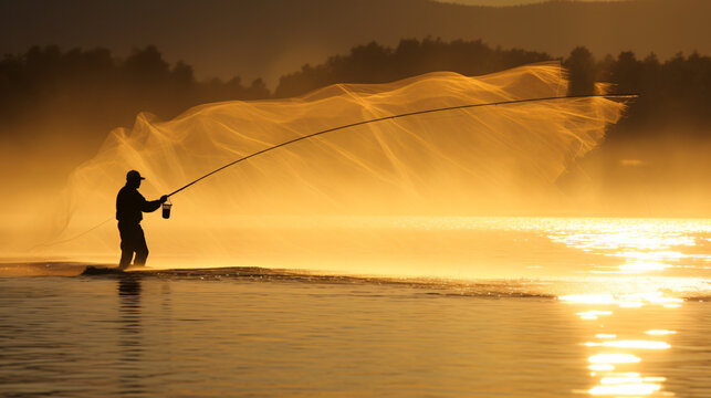 An early morning fisherman casting his net at sunrise with the suns rays creating a golden path on the water.