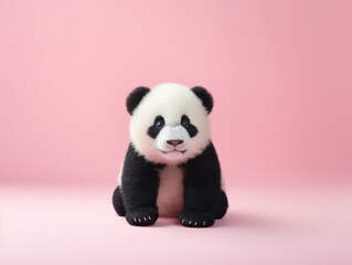 Fototapeta premium Cute baby panda sitting isolated on pink background