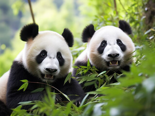 Fototapeta premium Panda couple eating bamboo leaves, pandas live in their natural habitat