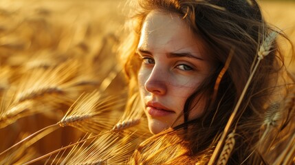 woman with windblown hair in a field of golden wheat generative ai