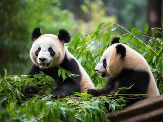 Fototapeta premium Panda couple in the middle of a bamboo forest, pandas live in their natural habitat