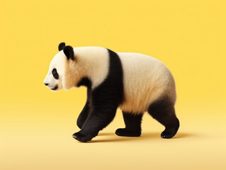 Obraz premium Panda walking isolated on yellow background