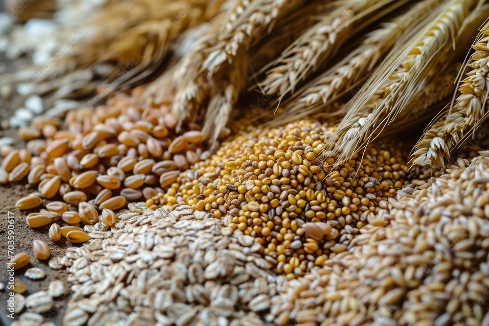 Poster a pile of wheat and grains on a table. suitable for agricultural and farming concepts