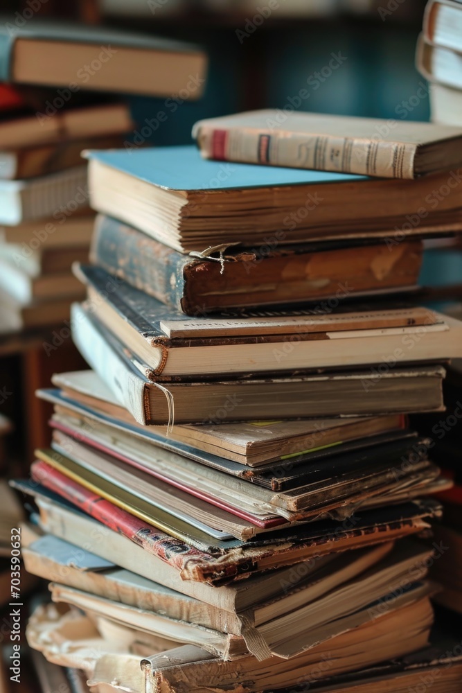 Poster a stack of books sitting on top of a wooden table. perfect for educational or library-themed project