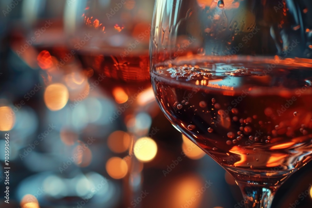 Poster A close-up view of a glass of wine placed on a table. Ideal for use in restaurant menus or wine-related articles
