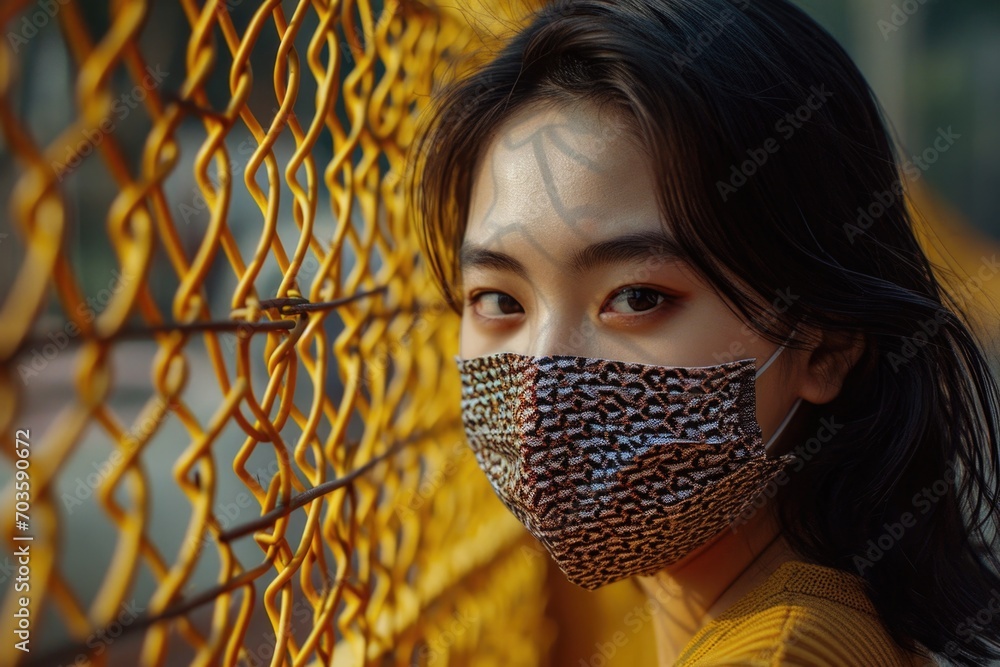 Poster a woman wearing a face mask is seen behind a chain link fence. this image can be used to represent s