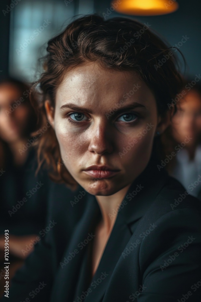 Poster A close-up of a woman with a serious expression on her face. Suitable for various uses