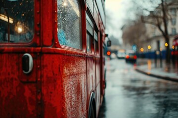A red double decker bus driving down a street. Suitable for travel and transportation themes - obrazy, fototapety, plakaty