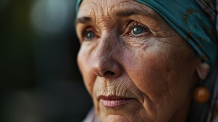 A picture of an older woman wearing a blue head scarf. This versatile image can be used to represent fashion, culture, or aging gracefully