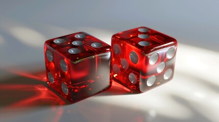 Two red dice sitting next to each other on a table. Can be used for games, gambling, or probability concepts