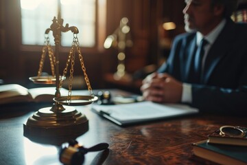 A man in a suit sits at a desk with a scale of justice. This image can be used to represent concepts such as law, justice, balance, or legal profession - obrazy, fototapety, plakaty