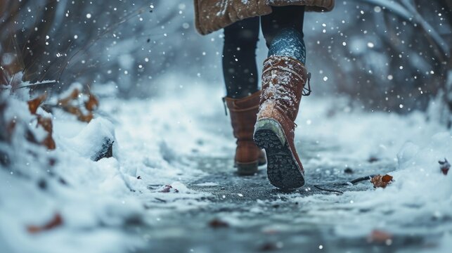 A person walking in the snow wearing boots. This image can be used to depict winter activities and outdoor adventures