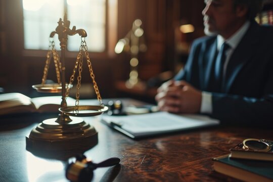 A man in a suit sits at a desk with a scale of justice. This image can be used to represent concepts such as law, justice, balance, or legal profession