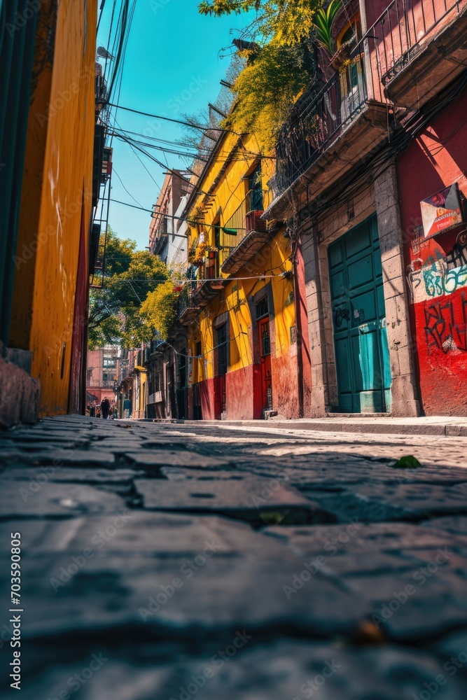 Aufkleber a picture of a cobblestone street with graffiti on the buildings. this image can be used to depict u