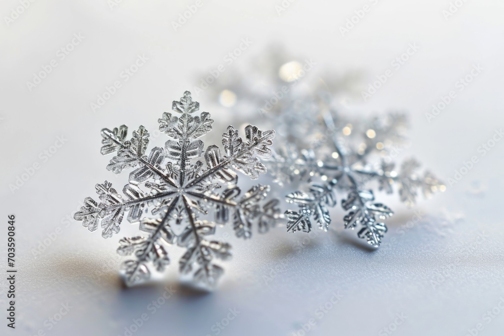 Poster a detailed close-up of a snowflake on a white surface. perfect for winter-themed designs and holiday