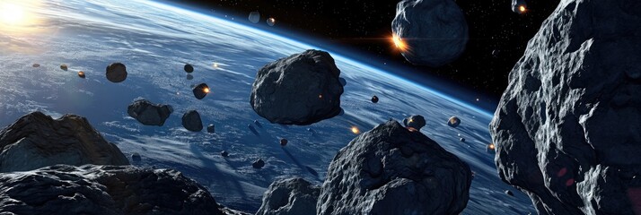 dark space with asteroids on planet Earth background banner