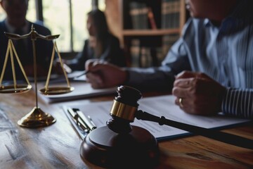 A wooden table with a gavel and a scale of justice. This image can be used to represent law, justice, legal system, courtroom, or legal proceedings - obrazy, fototapety, plakaty