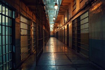 A long hallway inside a jail cell. This image can be used to depict incarceration, prison life, or justice system-related concepts - obrazy, fototapety, plakaty