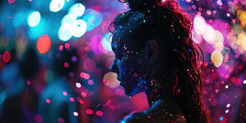 A woman with glitter paint on her face. Perfect for festive events and creative makeup ideas - obrazy, fototapety, plakaty